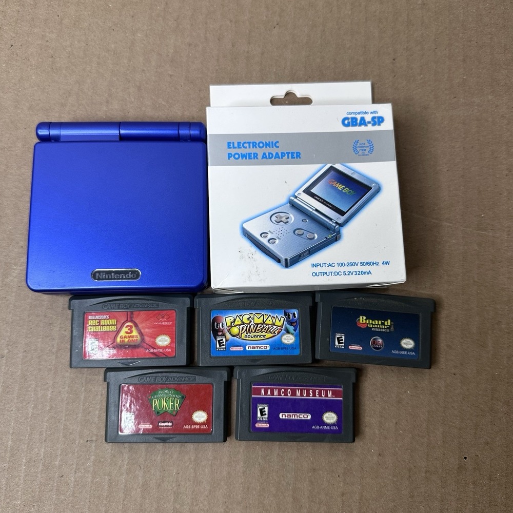 Nintendo Game Boy Advance SP Cobalt Blue AGS-001 Console 5 Games Charger Tested